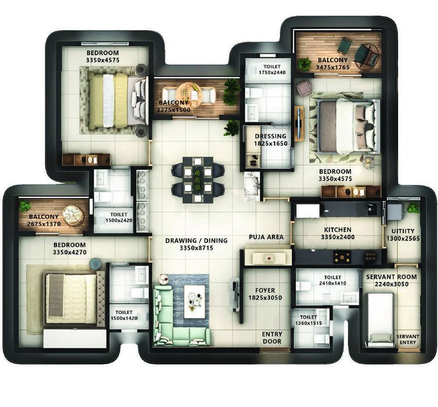 3 BHK floor plan